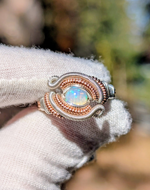Size 8 Ethiopian Opal, Emerald, and Amethyst Ring