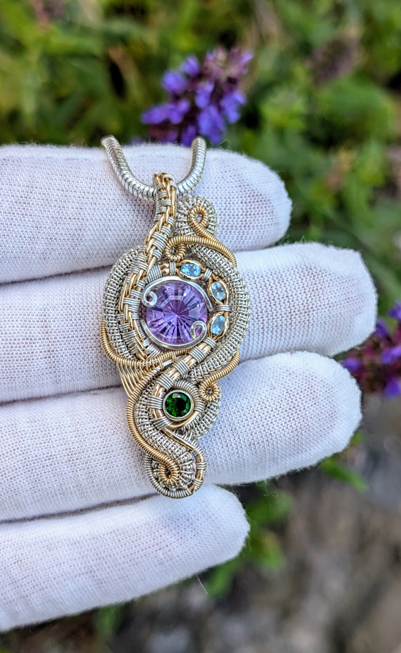 Amethyst, Chrome Diopside, and Swiss Blue Topaz Pendant