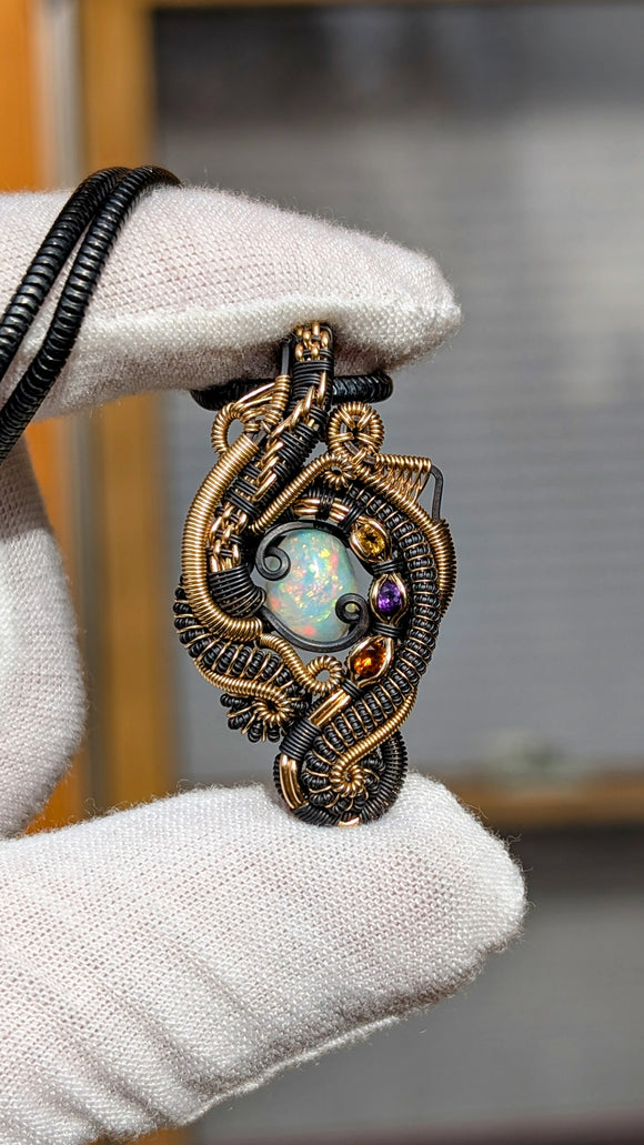 Ethiopian Opal, Citrine, Amethyst, and Hessonite Garnet Pendant