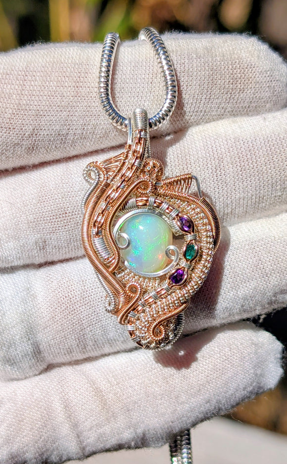 Ethiopian Opal, Emerald, and Amethyst Pendant