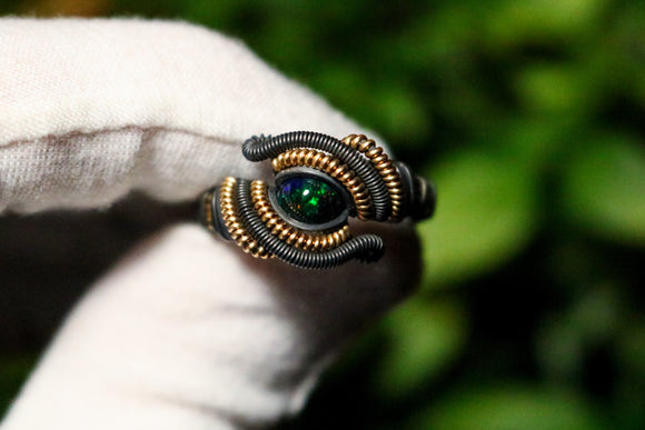 Size 11 Black Ethiopian Opal and Garnet Ring
