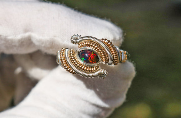 Size 8 Black Ethiopian Opal, Garnet, and Citrine Ring