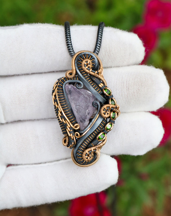 Double Bailed Etched Kunzite and Chrome Diopside Pendant